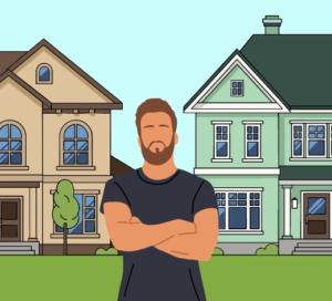 animated man outside houses